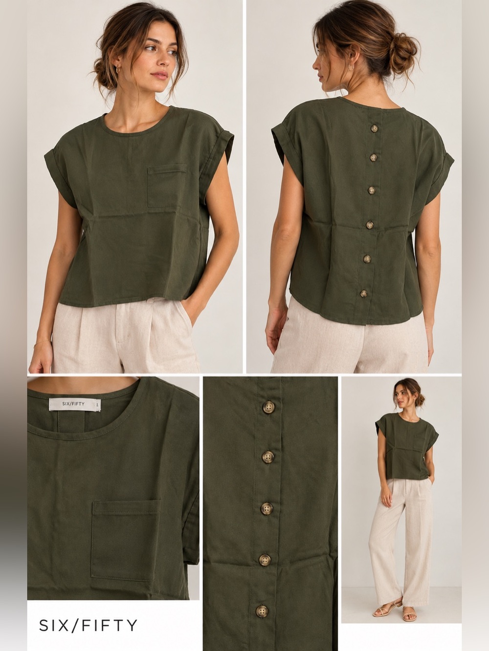 Six/Fifty Olive Green Button Back Pocket Blouse Top Medium